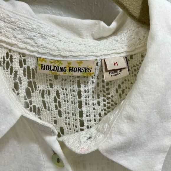 Anthropologie Holding Horses White Crochet Cotton Sheer Button Up Blouse Medium - Picture 8 of 13
